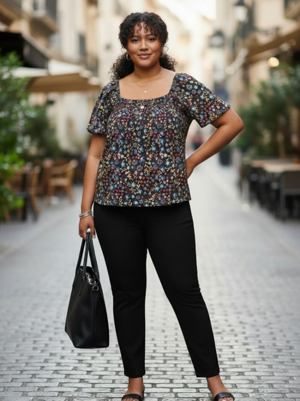 Joyspun Floral Smocked Top Womens L Black Multi Short Sleeve